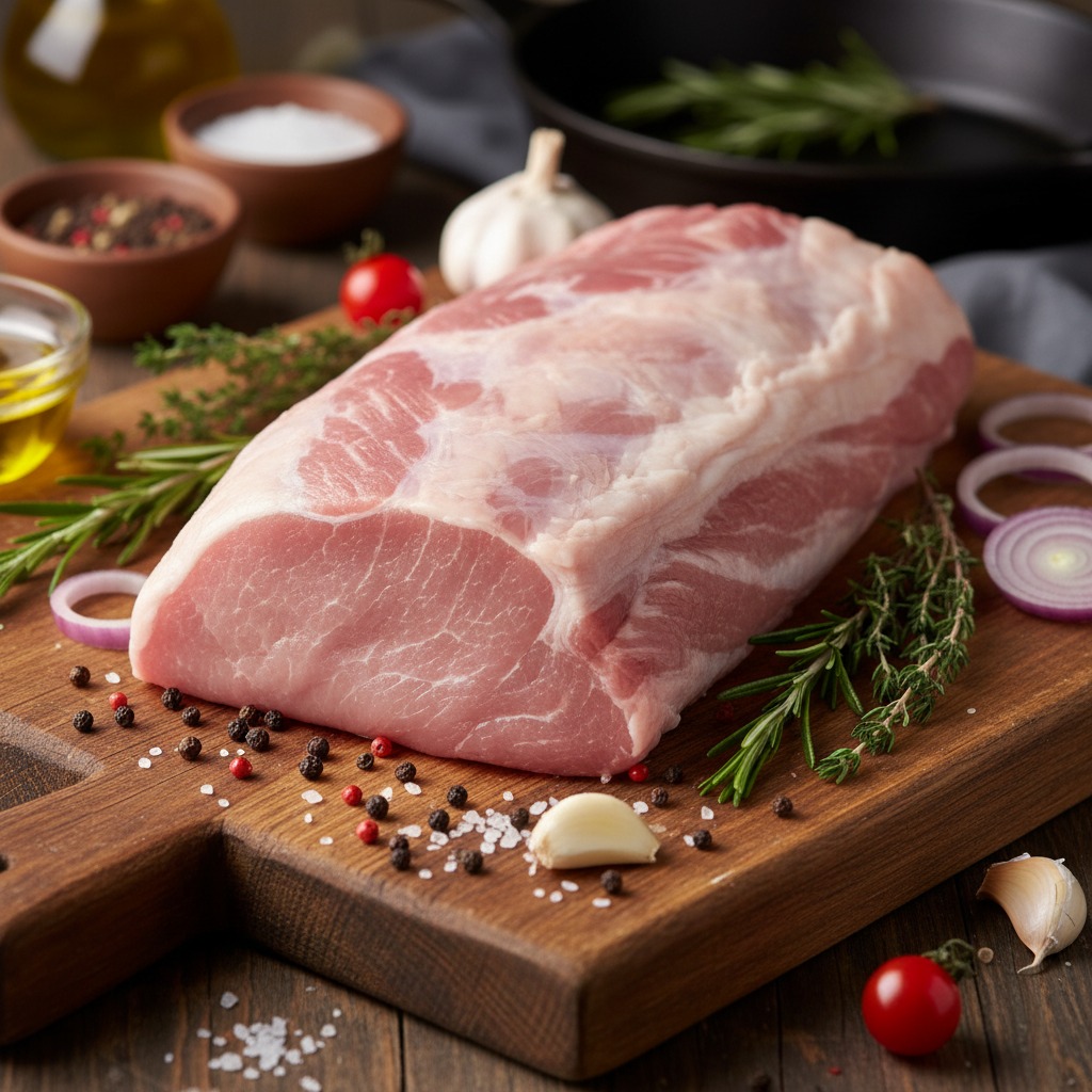 A raw pork loin sits on a wooden cutting board surrounded by fresh herbs, garlic, peppercorns, and cherry tomatoes.